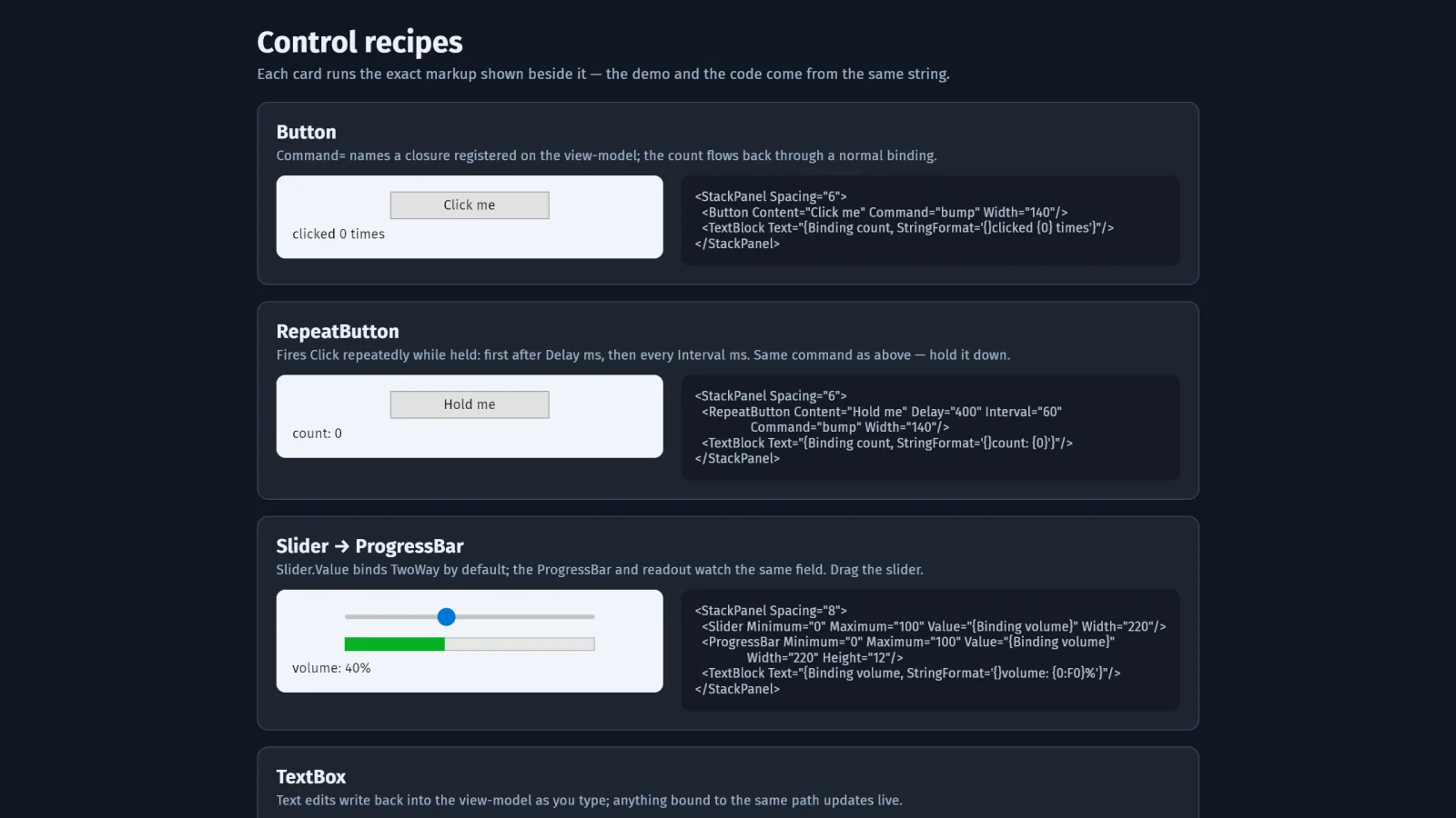 The bevy_pf control recipes gallery: Button, RepeatButton and Slider cards, each rendering live beside the XAML that produced it