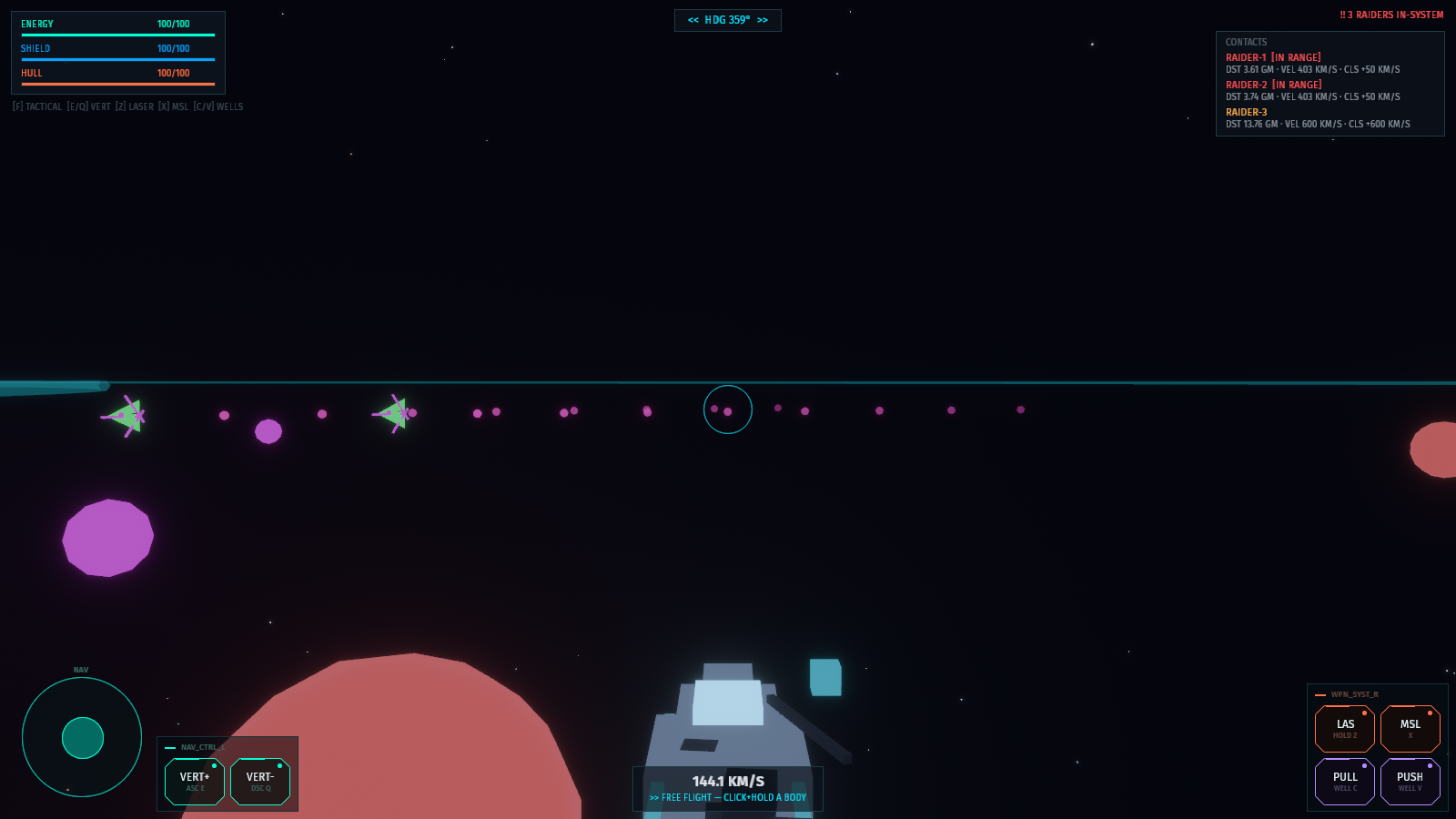 Orbit Jumper cockpit view: raiders crossing the canopy with projected trajectory dots, heading tape, and contacts stack
