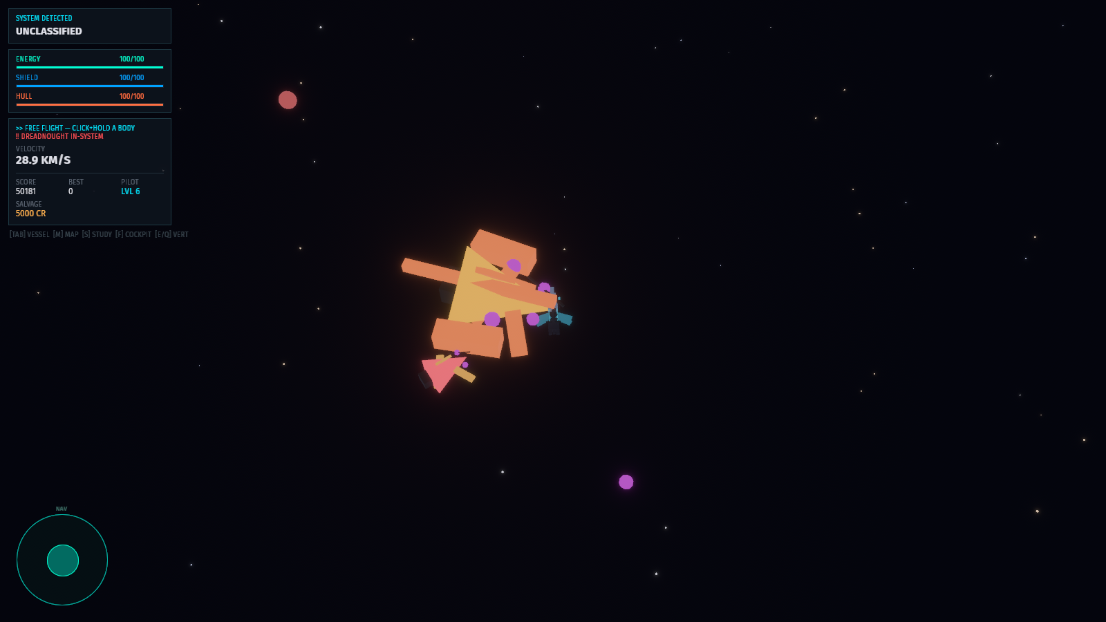 A dreadnought boss dwarfing the player ship at point-blank range