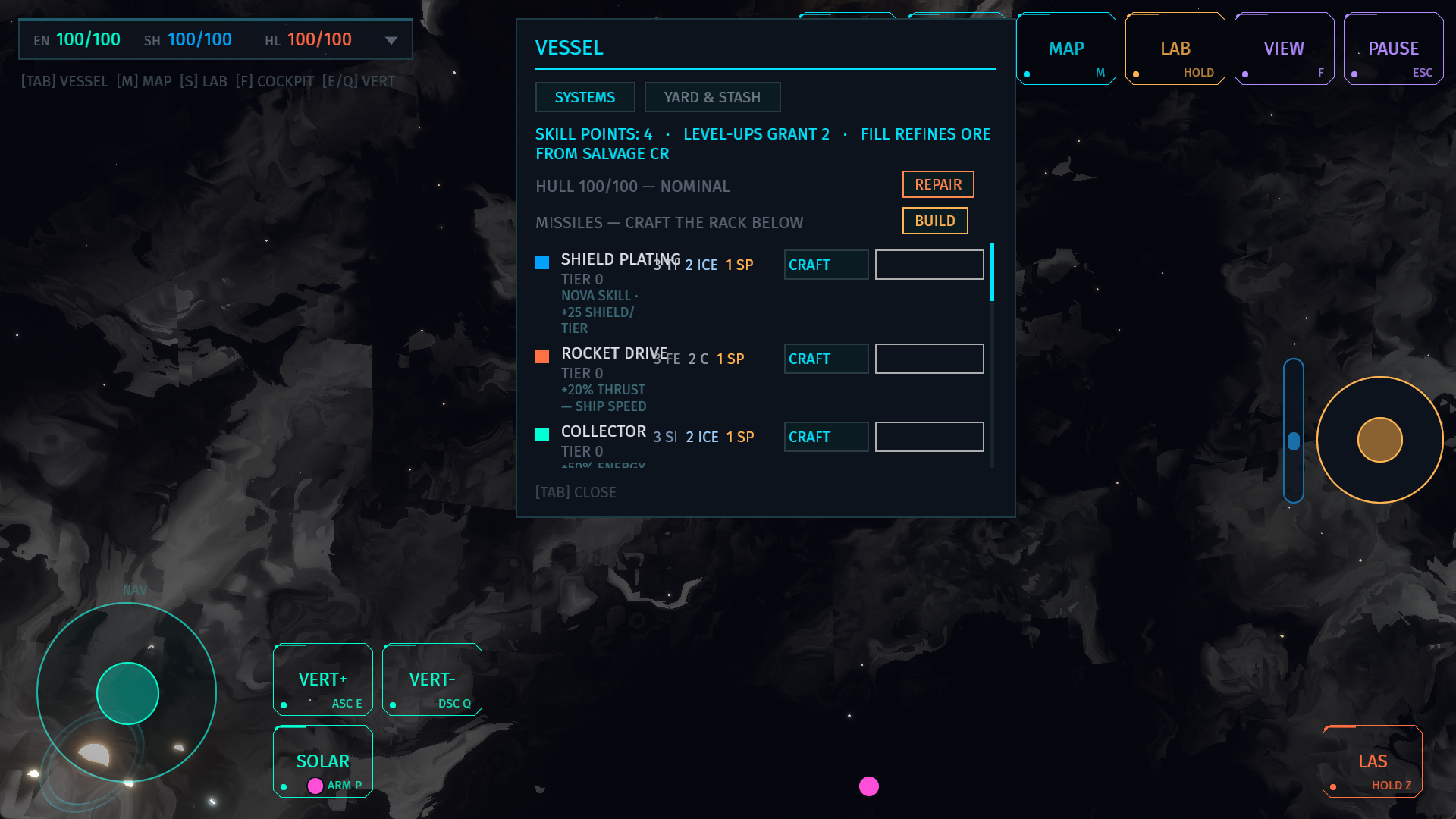 The VESSEL panel open in-flight: skill points, craft recipes, and repair controls